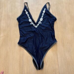Aerie Navy Blue V-Neck One-Piece Swim with Floral Embroidery